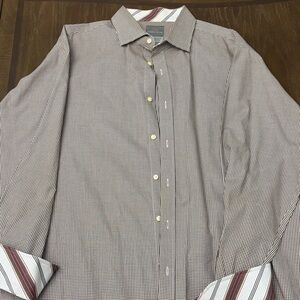 Thomas Dean Burgundy and White Micro-Check Dress Shirt